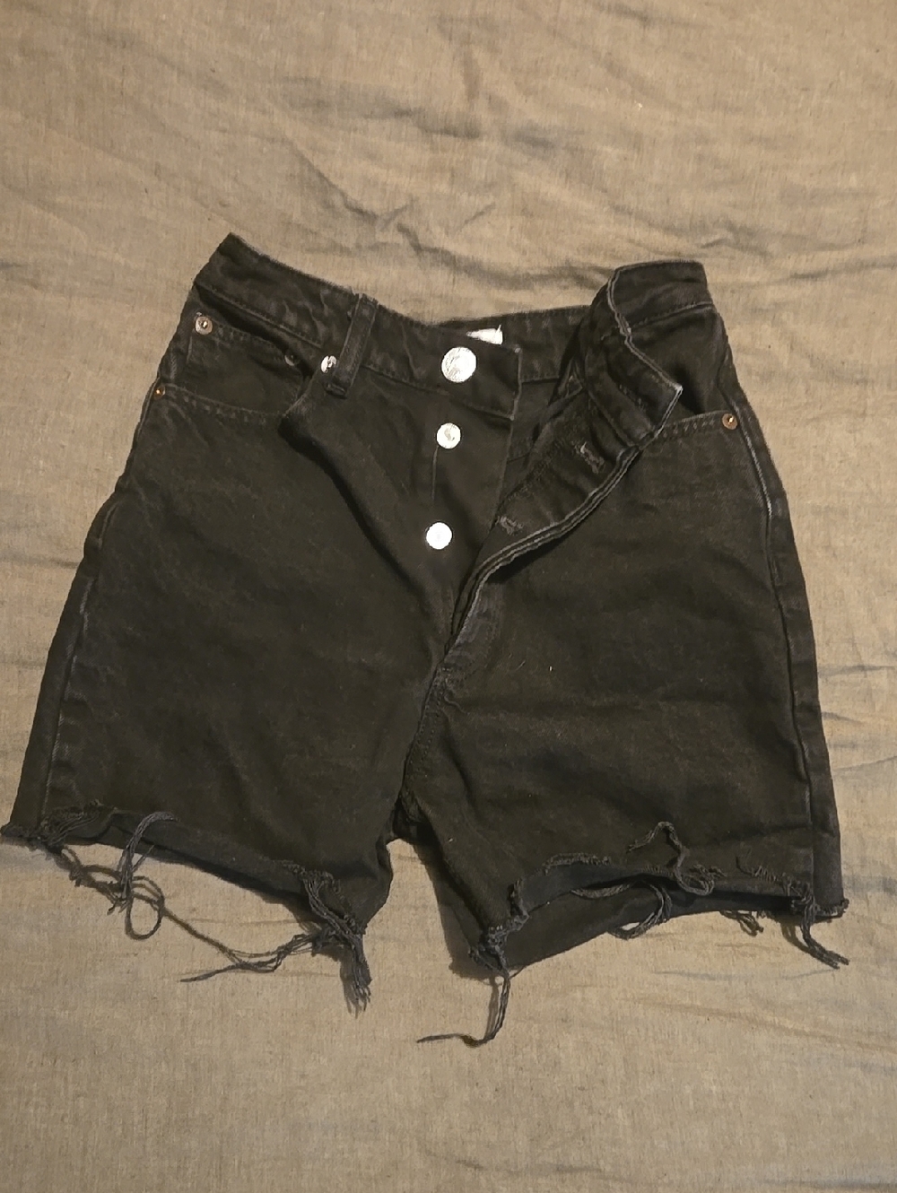 Zara Black Button-Front Distressed Denim Shorts